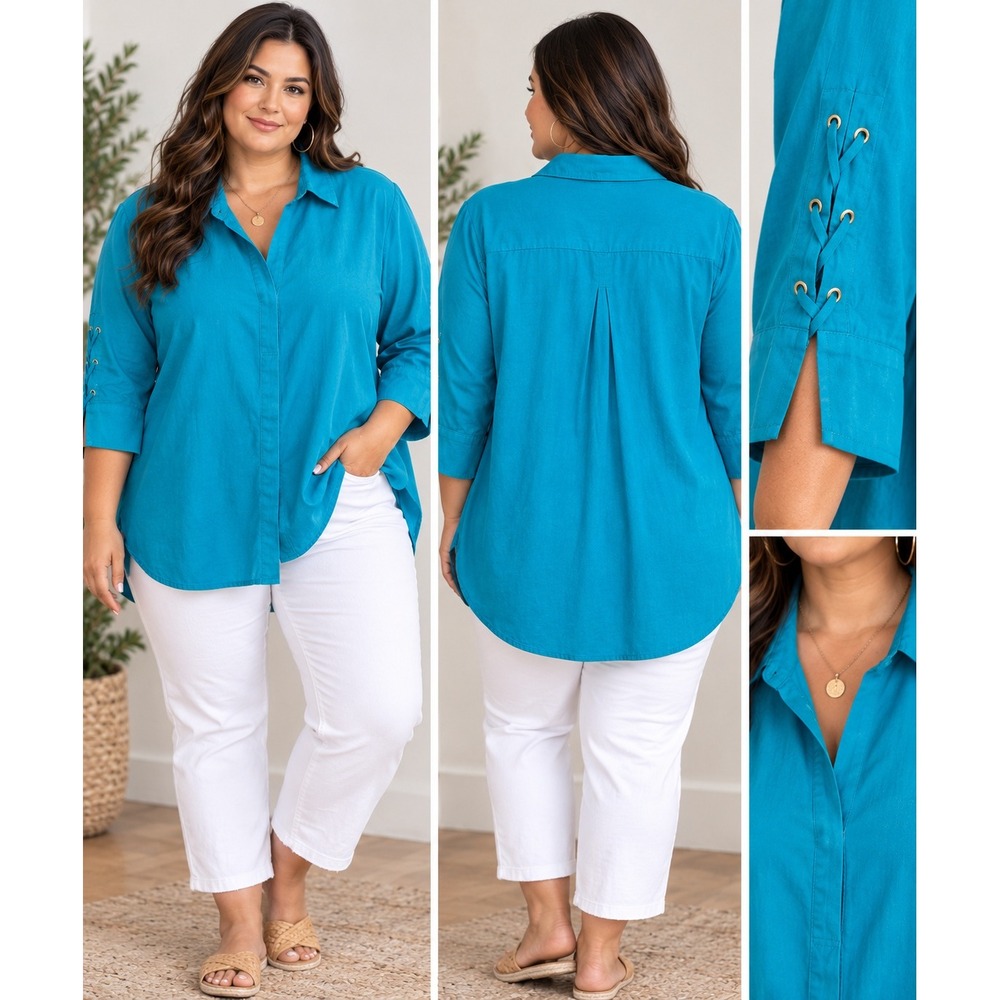Chico's Tunic Top Women 3 Turquoise Blue Lace Up Grommet Sleeve Button Coastal
